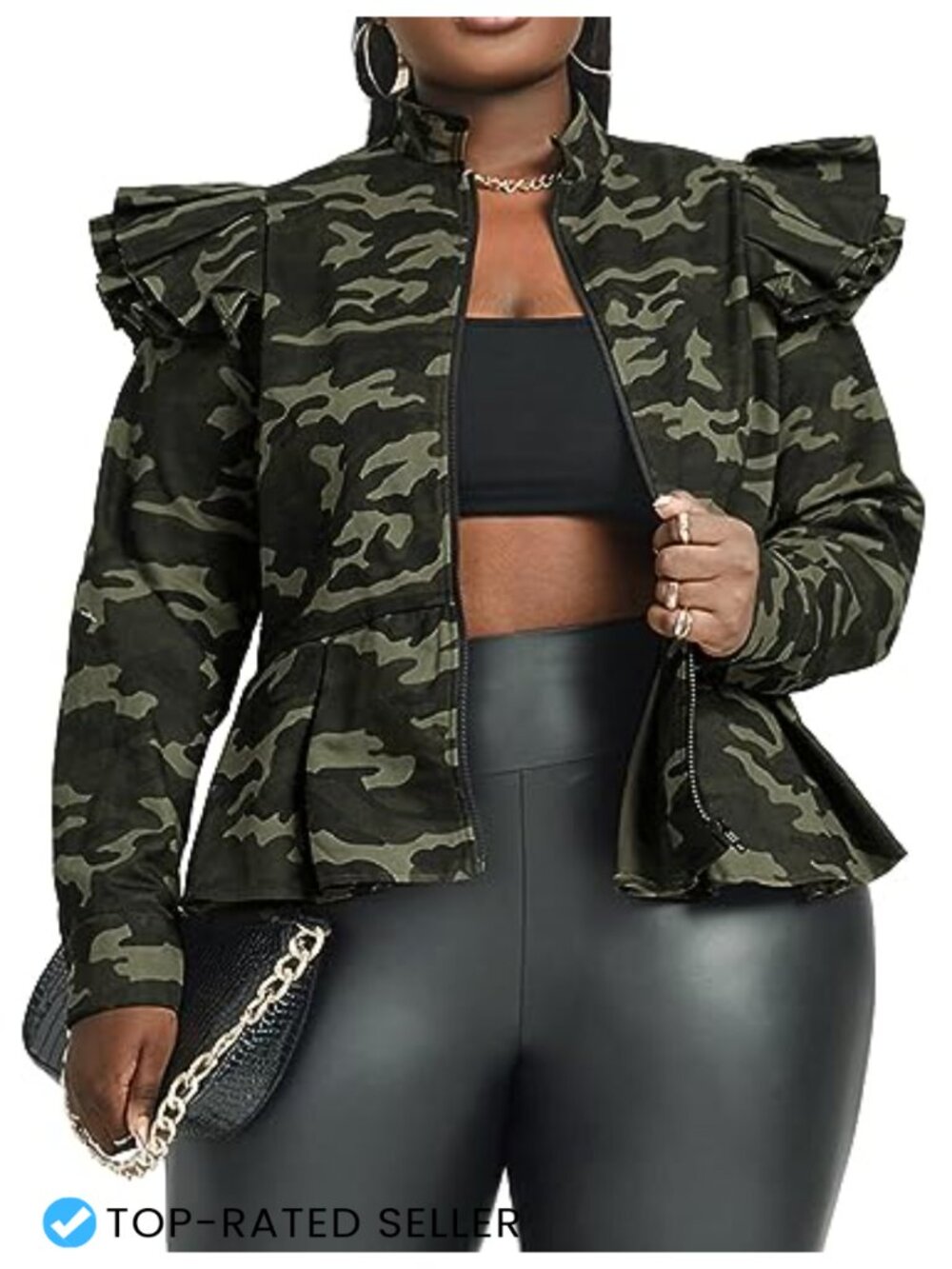 LifeShe Camo Peplum Jacket Cotton Polyester Zip Military Cargo Blazer